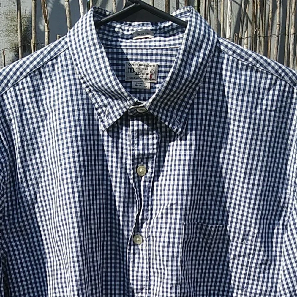 J. Crew Navy White Checked Long Sleeve Lightweight Button Down Slim Fit - L